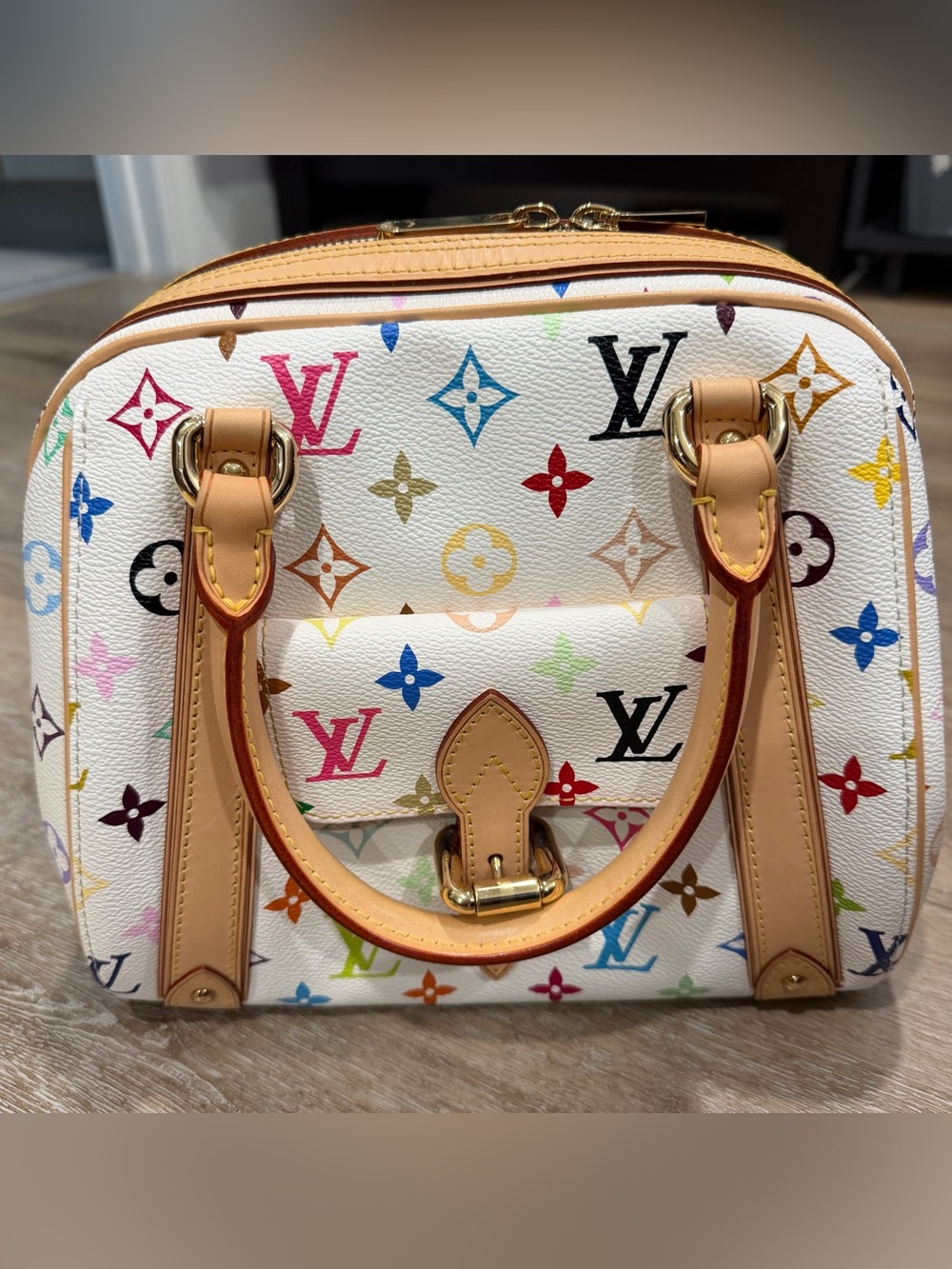 Louis Vuitton White Multicolor Monogram Satchel with Tan Leather